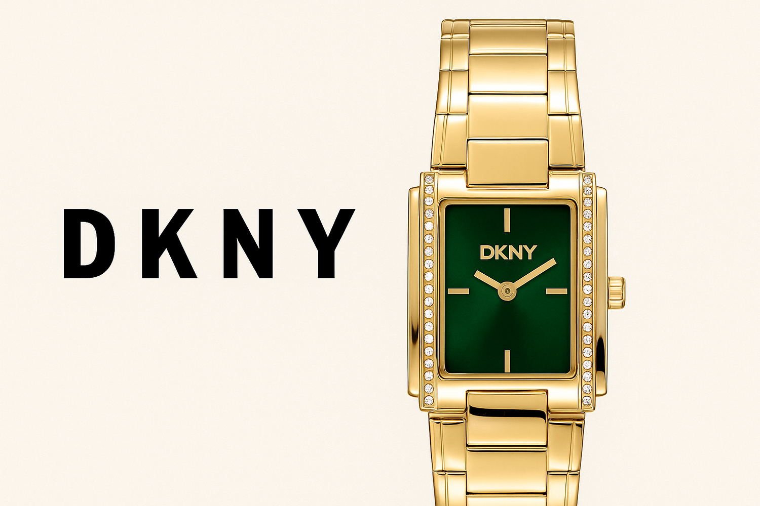 DKNY D. Evening kollektion – moderne dameure i guld, sølv og grøn med stenbesatte detaljer og eksklusivt DKNY-design.