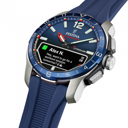 Et Festina Connected D 23000-1 ur med en blå urskive og matchende blå gummirem. Uret kombinerer klassisk analogt design med moderne smartwatch-funktioner, herunder beskedvisning og træningssporing, og er bygget i titanium for ekstra holdbarhed.