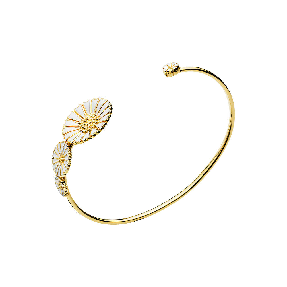 Marguerit armring med 1x5mm,7,5mm,11mm, 18mm forgyldt hvid emalje 925