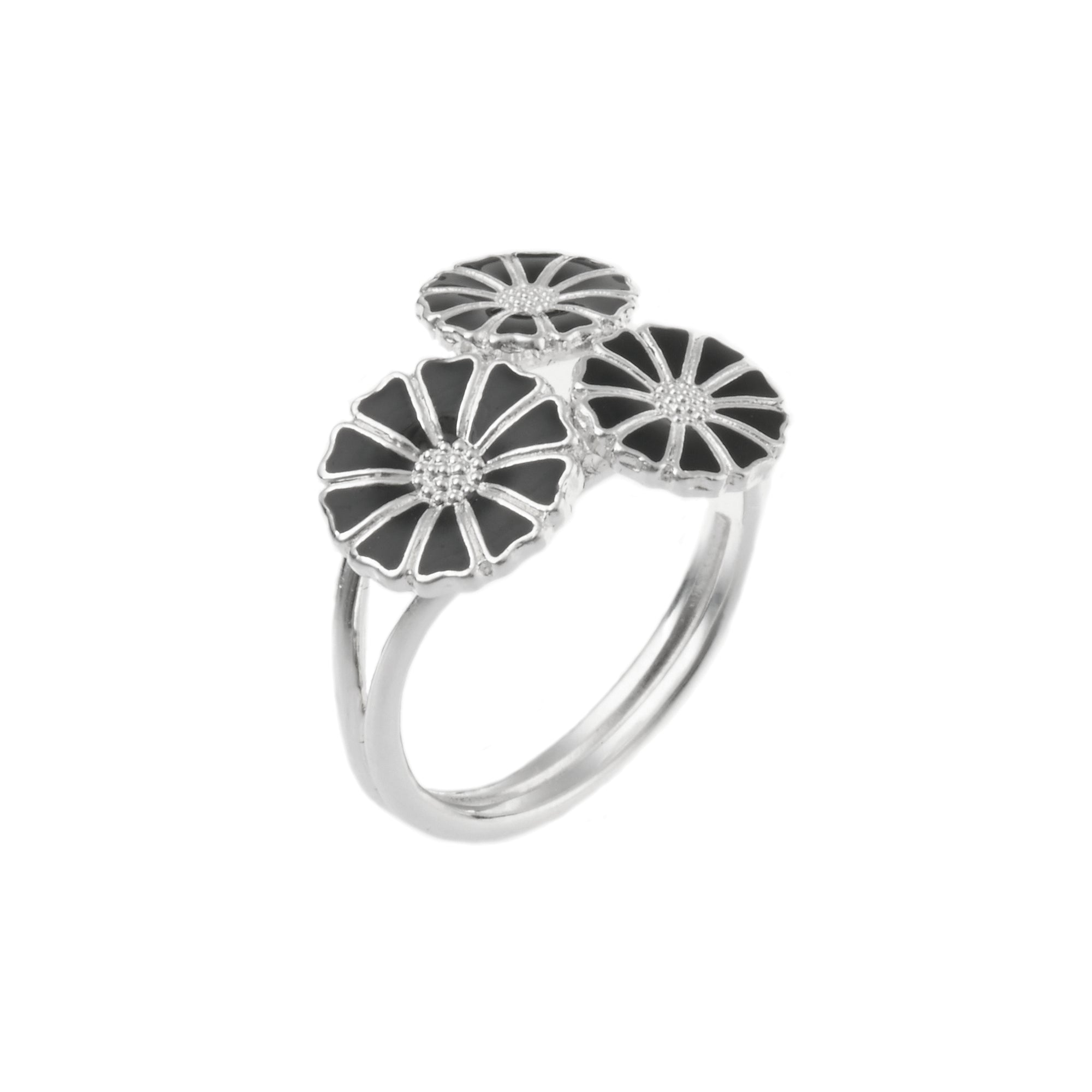 MARGUERIT RING MED BUKET 2X7MM OG 1X9MM SORT EMALJE 925