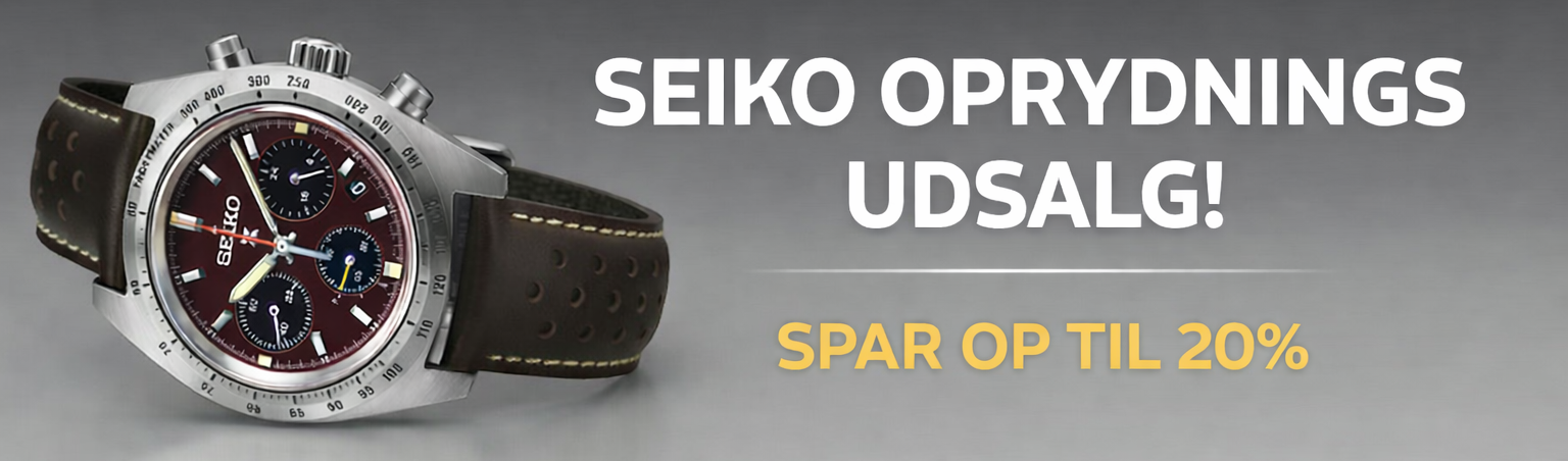 Seiko oprydningsudsalg banner med ur, spar op til 20 procent