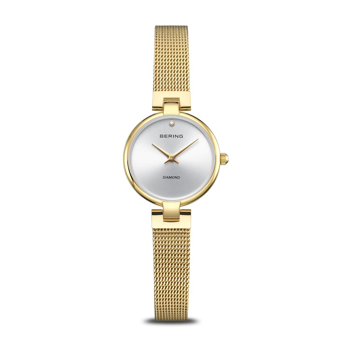 Typisk frontvisning af Bering Classic 17724‑330 – elegant, rund urkasse i poleret guld med sølvfarvet urskive dekoreret med diamant, guldfarvet milanesearmbånd og safirglas.