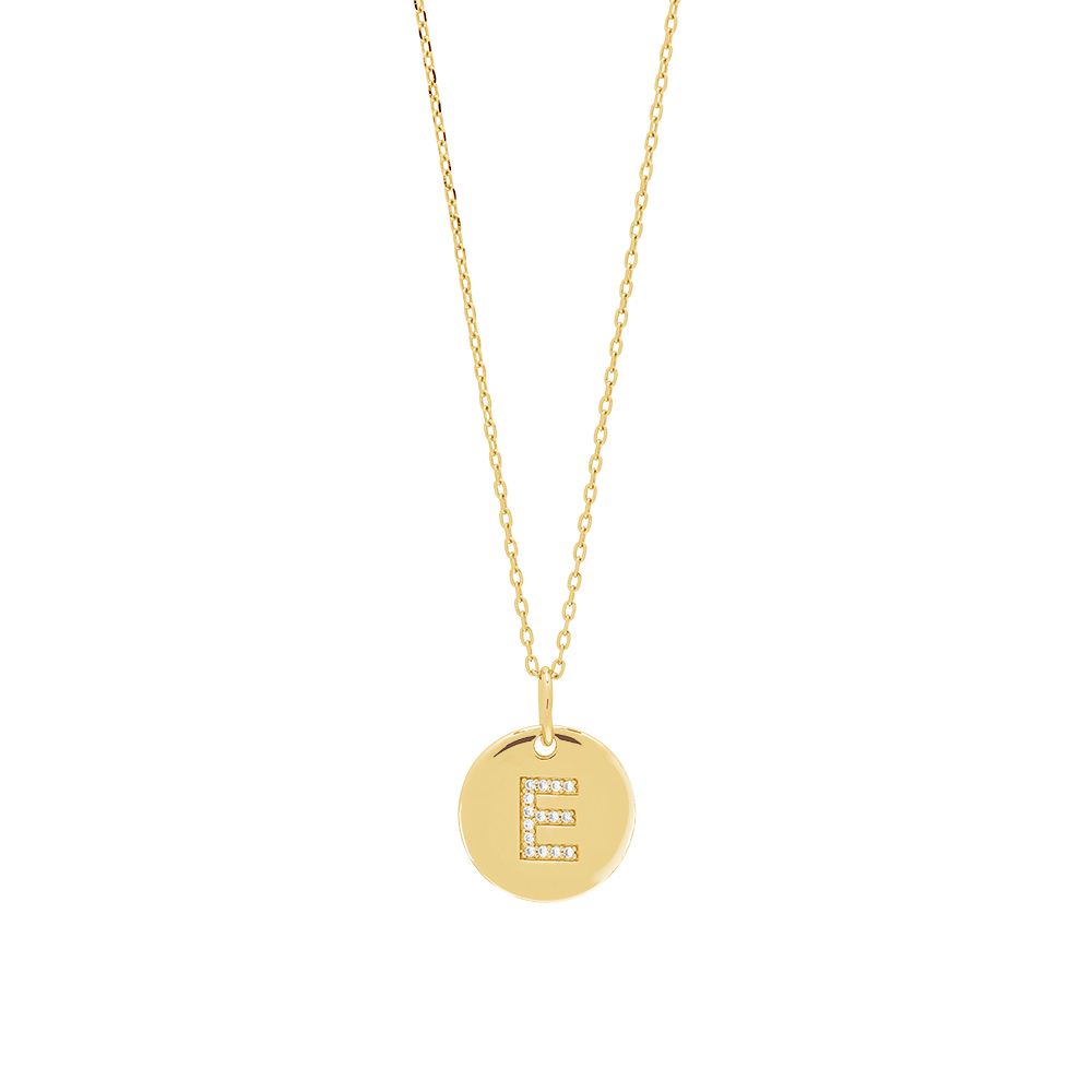 Forgyldt sølv kæde ELLANOR 14mm plade E, 42+3cm, fra Joanli Nor
