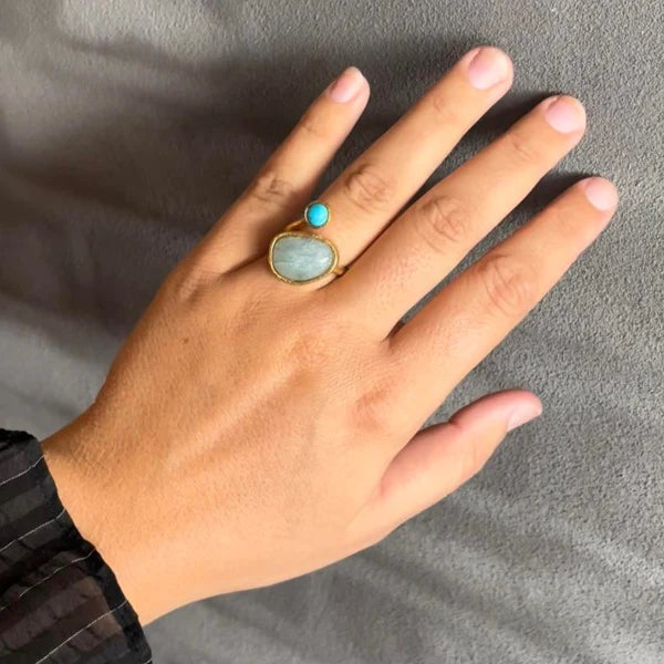 Heiring KOLO Forgyldt ring med akvamarin og 6mm turkis 53-3-16FG, fra Heiring