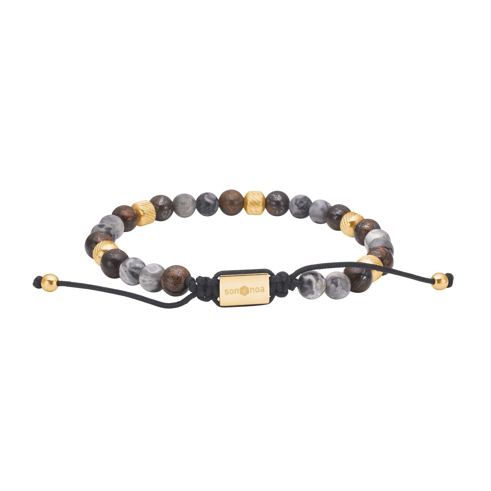 SON armbånd map stone/ilmenite bronzitite og stål IP gold 19-23 cm.