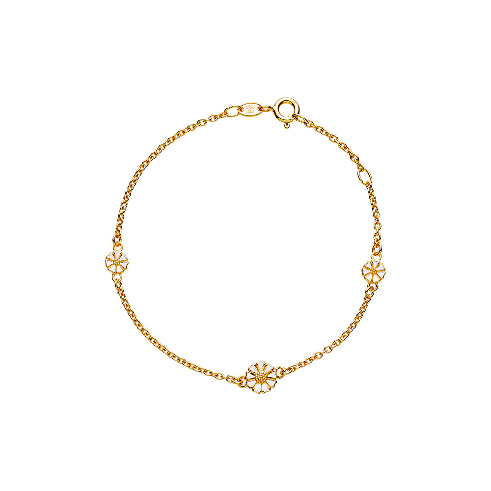 Marguerit armbånd med 2x5mm og 1x7,5mm hvid emalje forgyldt 17-19cm 925, i enamel; silver, til female, fra Lund Copenhagen