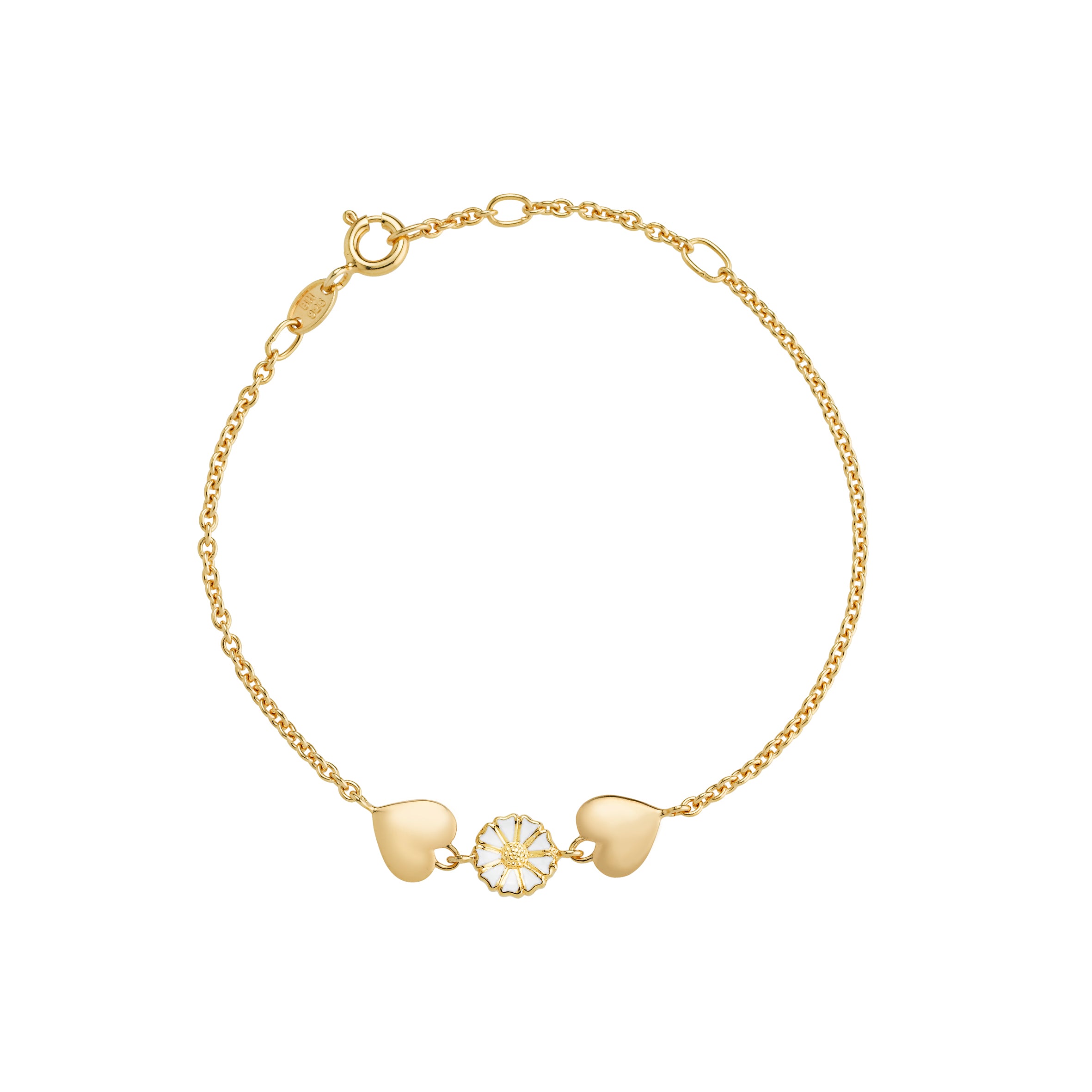 Marguerit armbånd 1x7,5mm og 2 hjerter mat hvid emalje forgyldt 16-18-19cm 925, i silver, til female, fra Lund Copenhagen