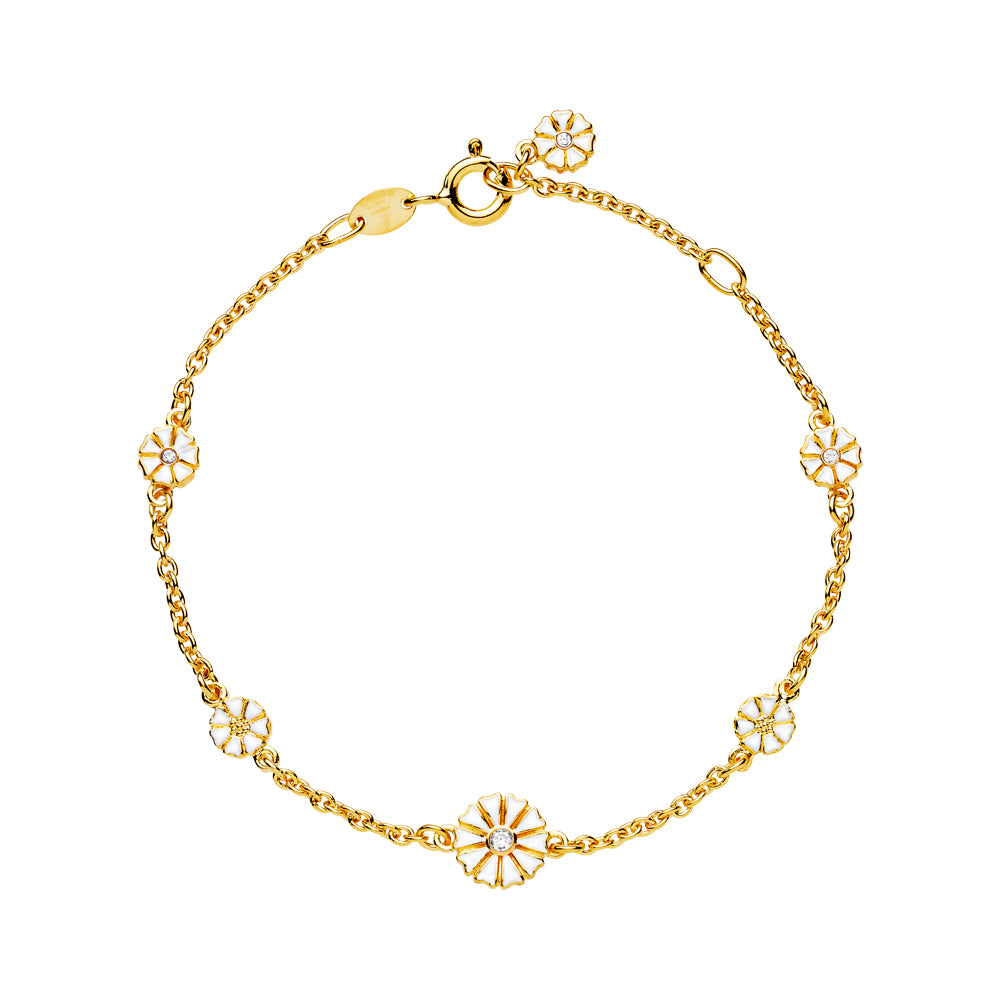 MARGUERIT ARMBÅND 5X5+1X7,5MM 4 ZIRKONIA 24KT FORG. HVID EMALJE 17-18-19CM 925, i enamel; gold, til female, fra Lund Copenhagen