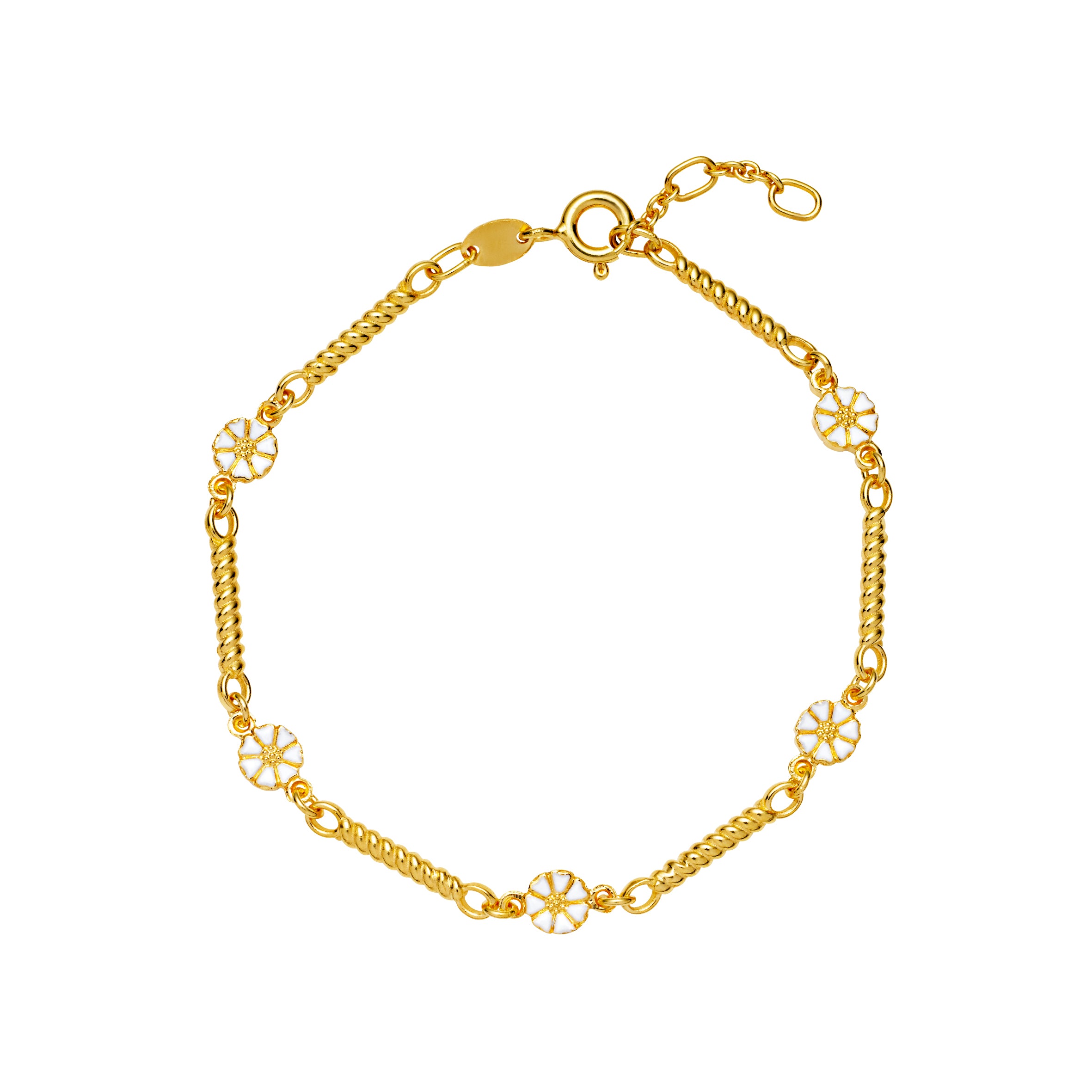 MARGUERIT ARMBÅND 5X5MM MED SNOEDE STAVE 24KT FORGYLDT HVID EMALJE 17-18-19CM 925, i enamel; gold; silver, til female, fra Lund Copenhagen