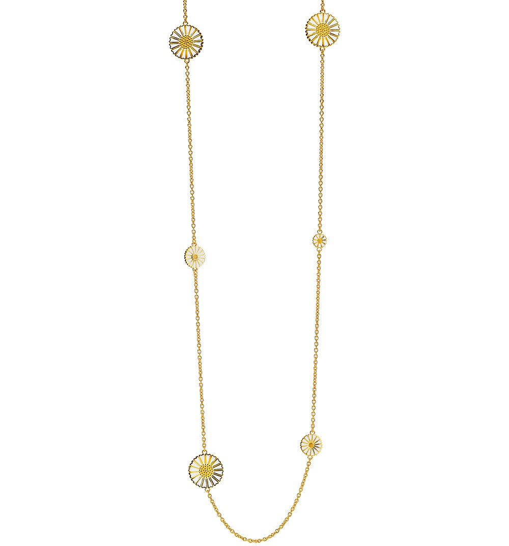 Marguerit collier med 1x7,5mm, 2x11mm og 3x18mm hvid emalje forgyldt 90cm 925, i enamel; silver, til female, fra Lund Copenhagen