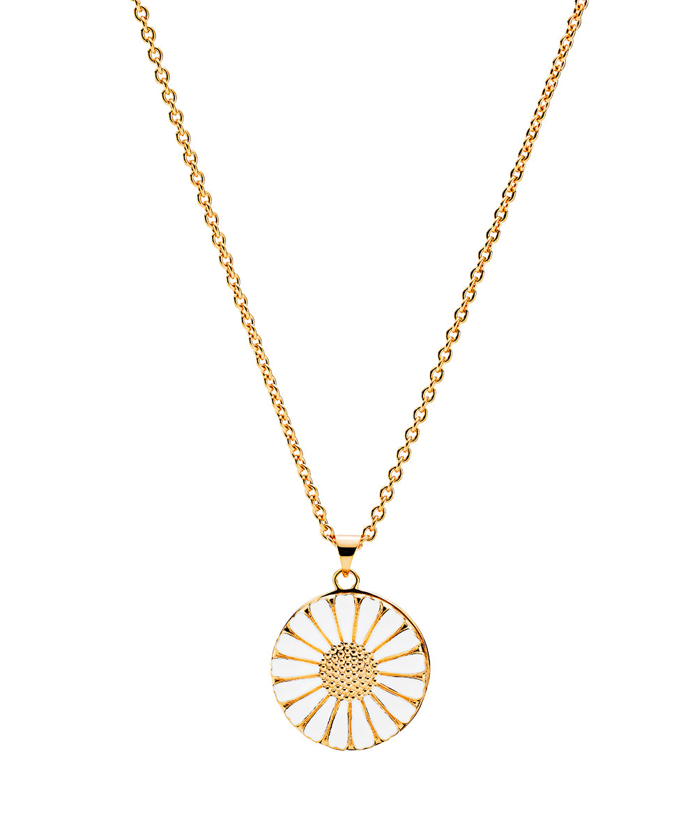 MARGUERIT COLLIER MEDALJON DIAMETER 20MM HVID EMALJE 24KT FORGYLDT 45-48CM 925, fra Lund Copenhagen