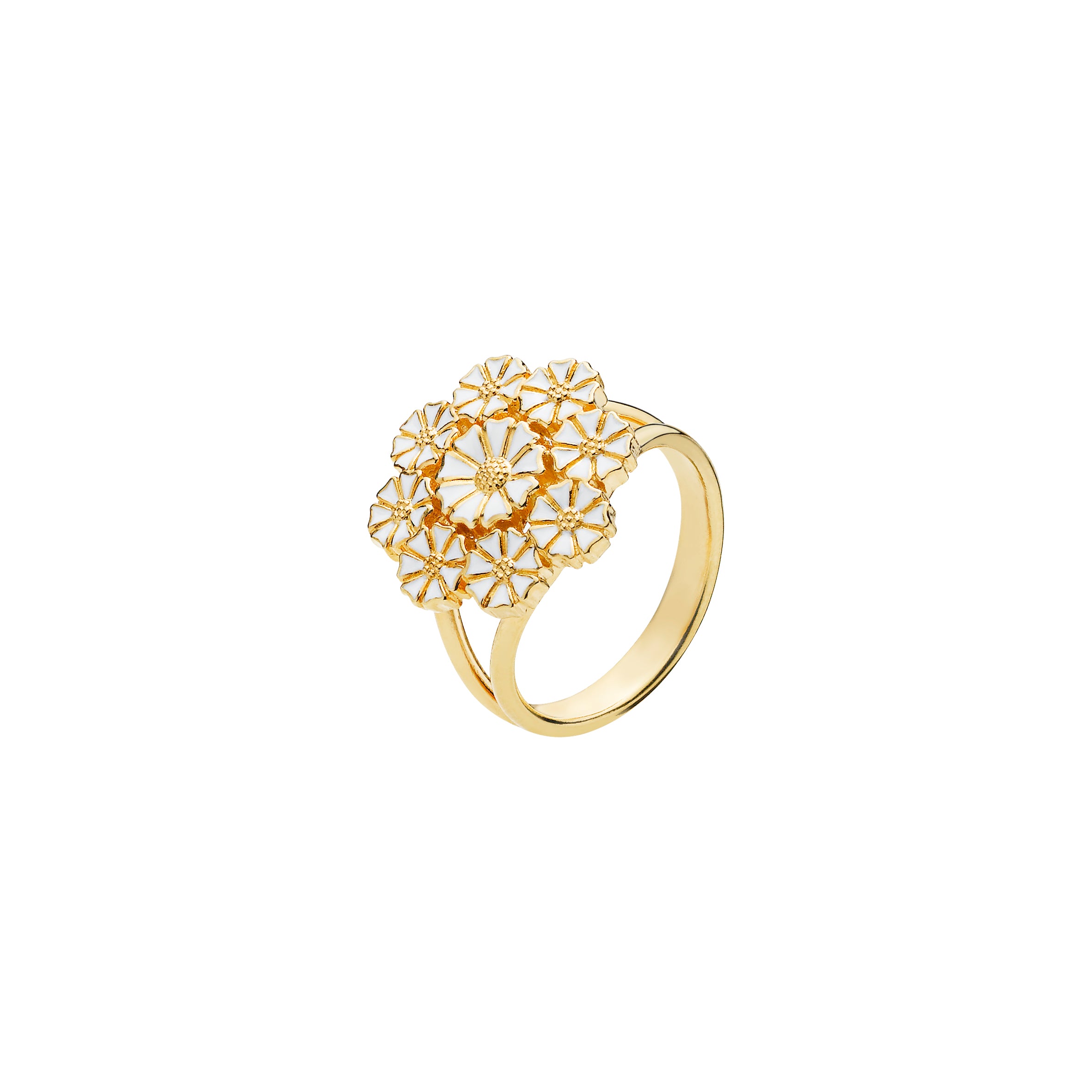 Marguerit ring blomst 1x7,5 og 8x5mm hvid emalje forgyldt 925, til female, fra Lund Copenhagen
