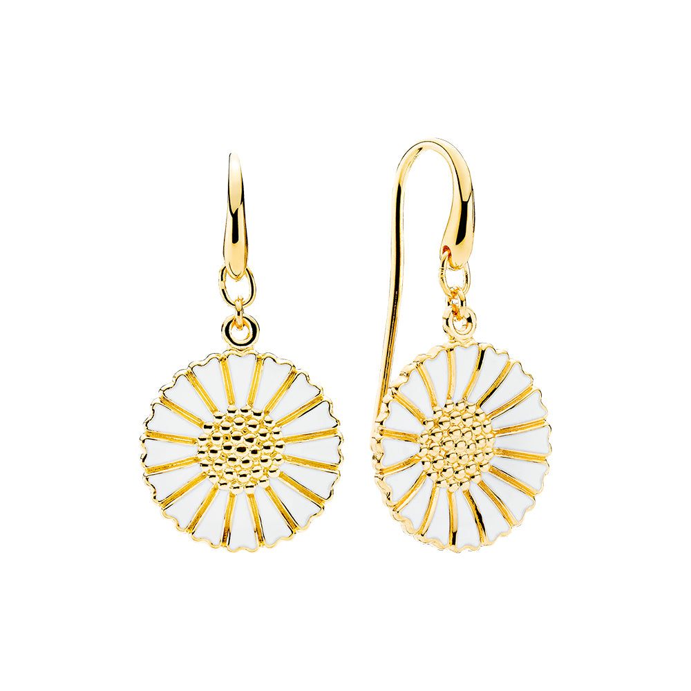 Marguerit ørehænger 18mm forgyldt med hvid emalje 925, i silver, til female, fra Lund Copenhagen
