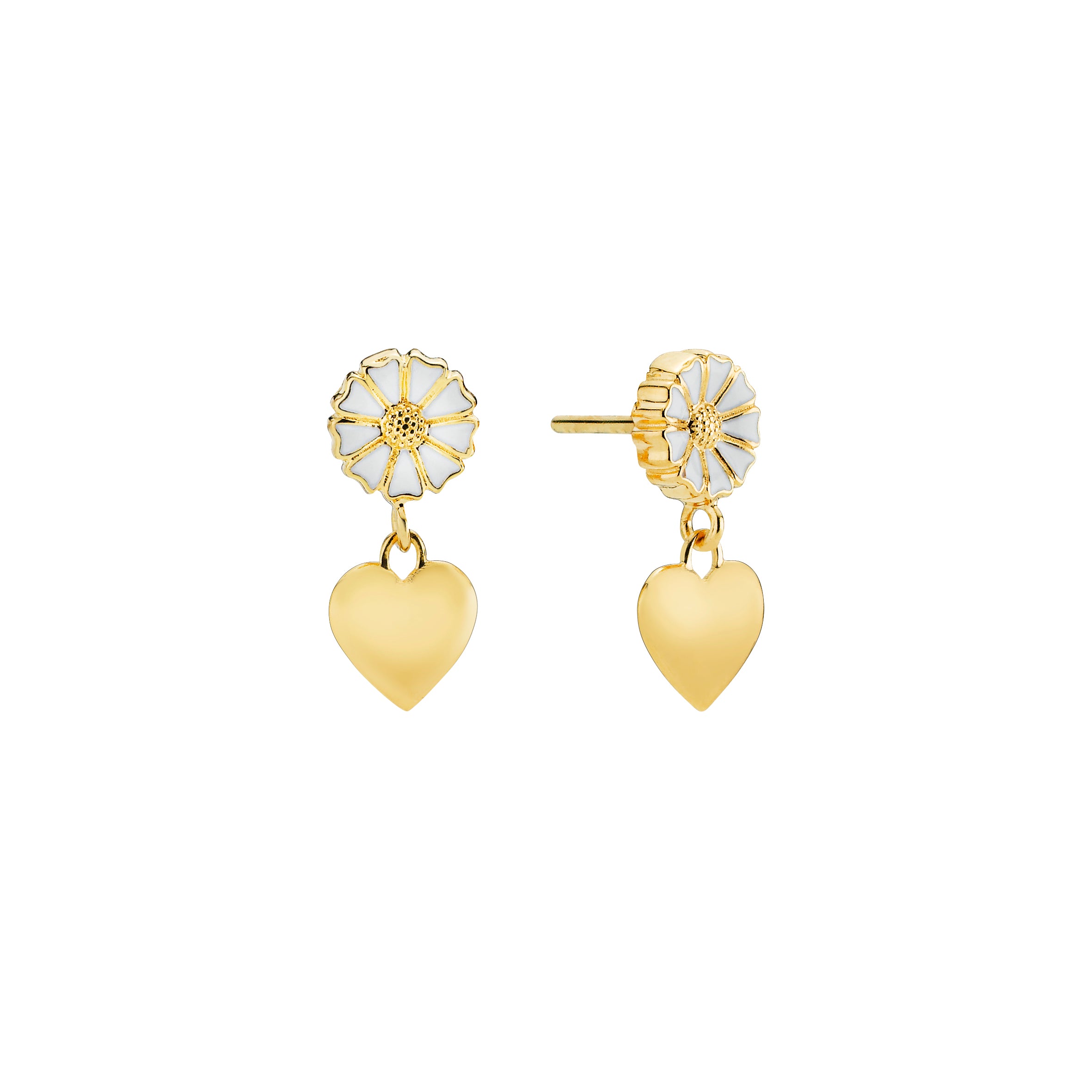 Marguerit ørehænger med 1x7,5mm og hjerte mat hvid emalje forgyldt 925, i silver, til female, fra Lund Copenhagen