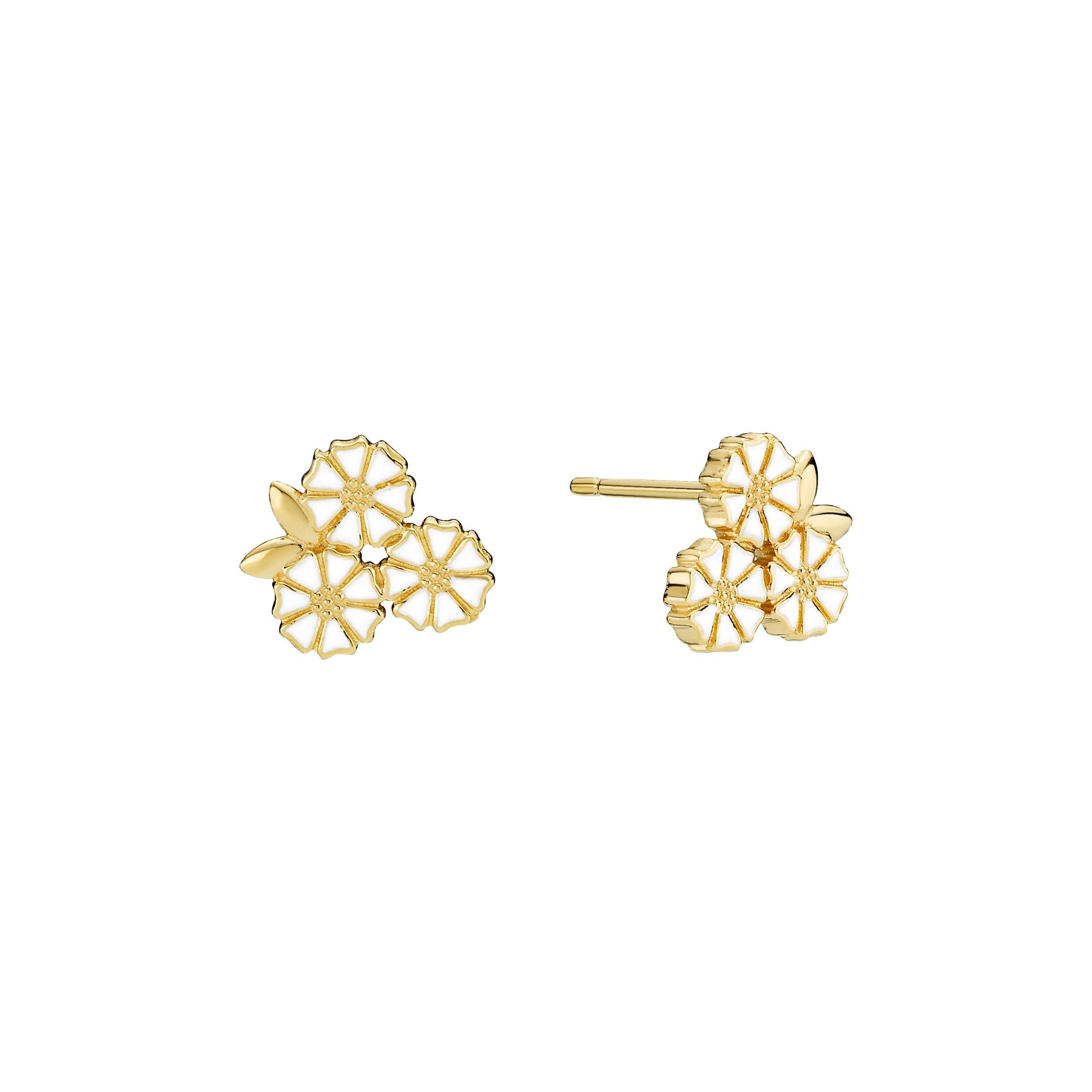 Marguerit ørestik 3x5mm med blad 9x11mm 24kt forgyldt hvid emajle 925, i enamel; silver, fra Lund Copenhagen