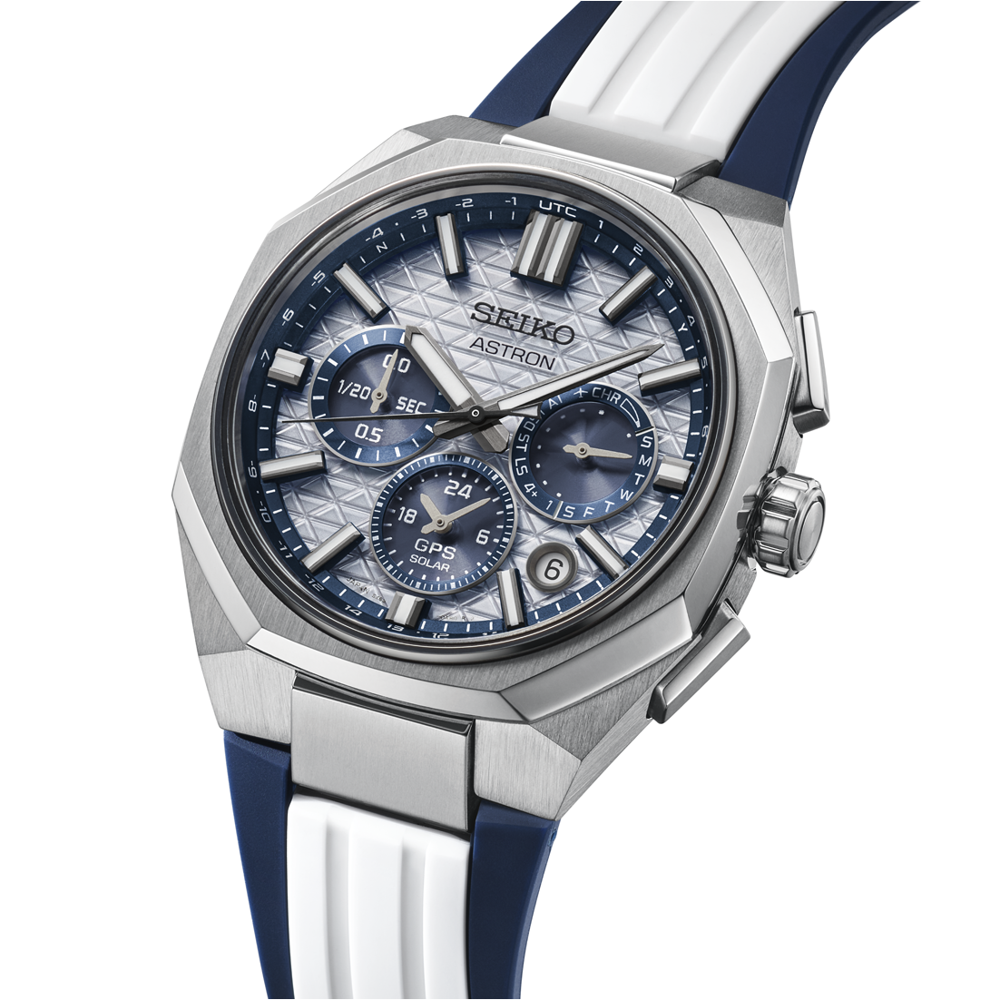 Seiko Astron HAB004J1 limited edition herreur med GPS Solar, blå detaljer, titankasse, titanlænke og ekstra blå-hvid silikonerem.