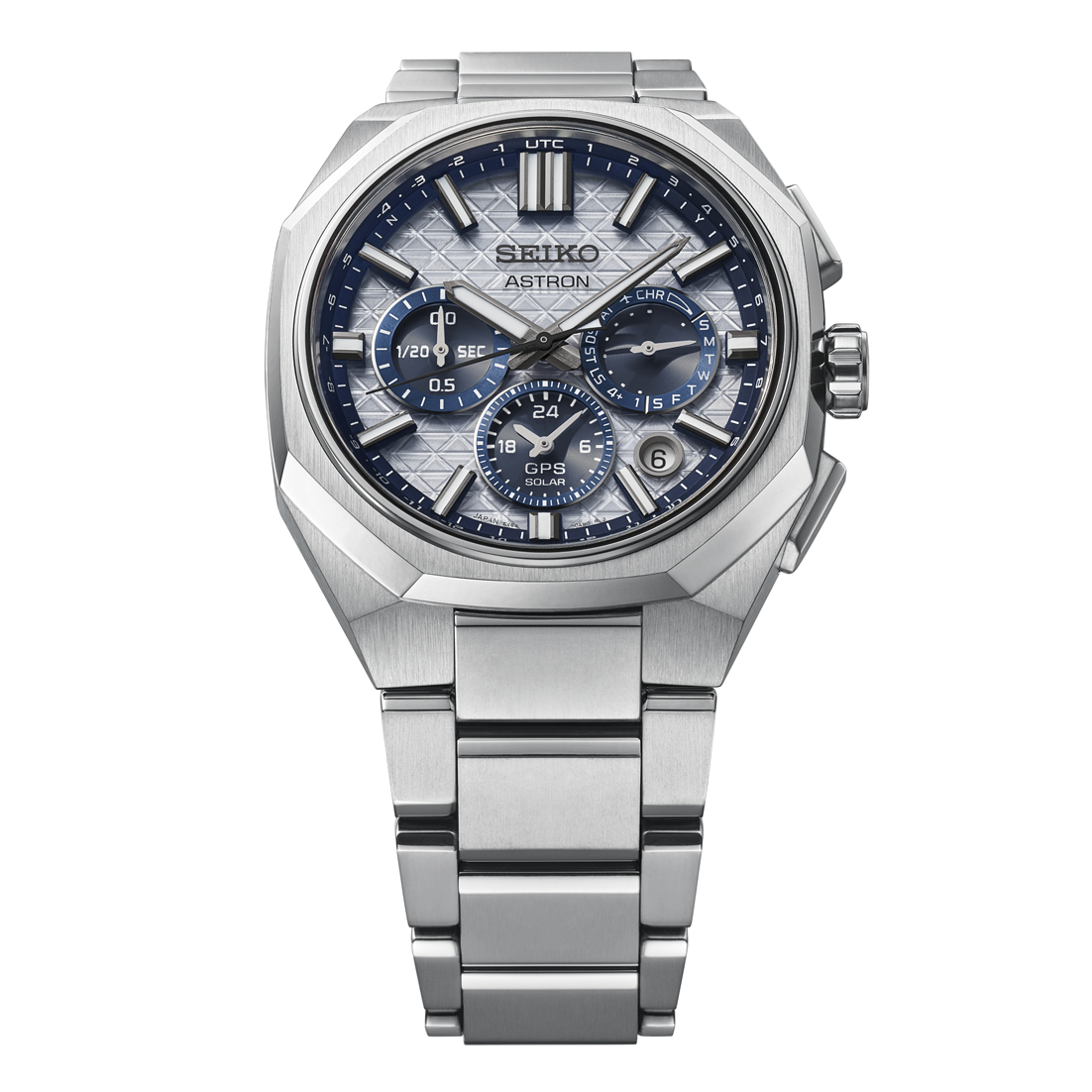Seiko Astron HAB004J1 limited edition herreur med GPS Solar, blå detaljer, titankasse, titanlænke og ekstra blå-hvid silikonerem.