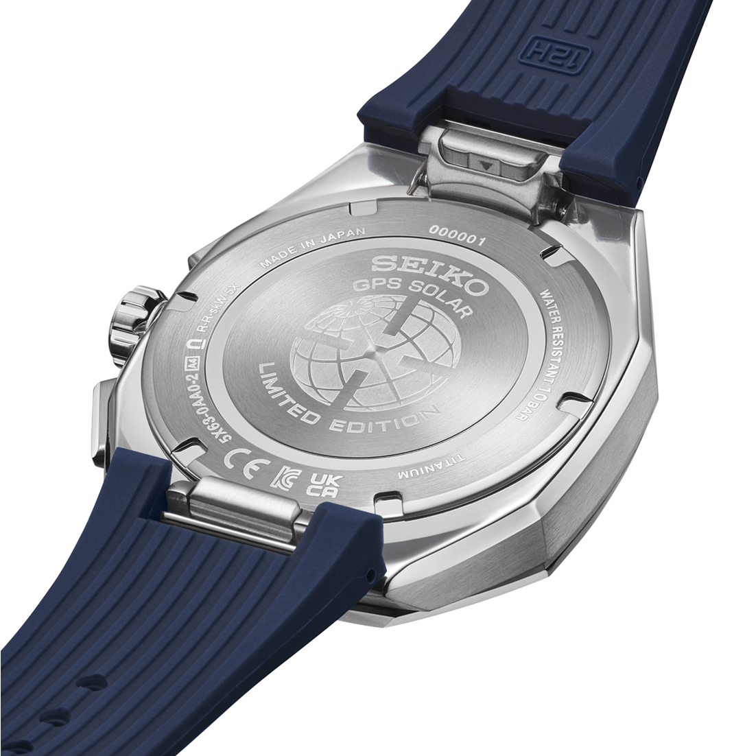 Seiko Astron HAB004J1 limited edition herreur med GPS Solar, blå detaljer, titankasse, titanlænke og ekstra blå-hvid silikonerem.