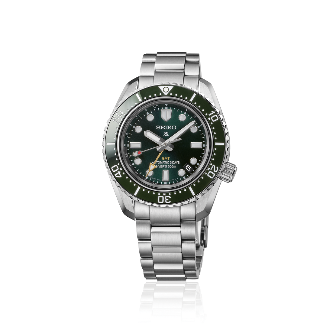 Seiko Prospex HBC001J1 1968 Heritage Diver’s GMT med automatisk kaliber 6R54, safirglas, keramisk krans, stållænke og 300 meter vandtæthed.