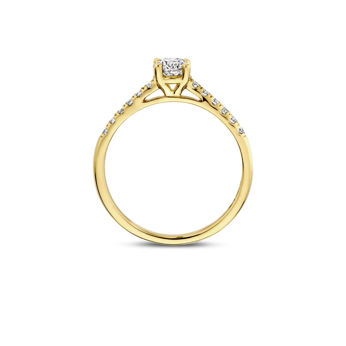 Blush ring LG1006Y i 14 kt gult guld med rund centerdiamant og to sidesten set forfra