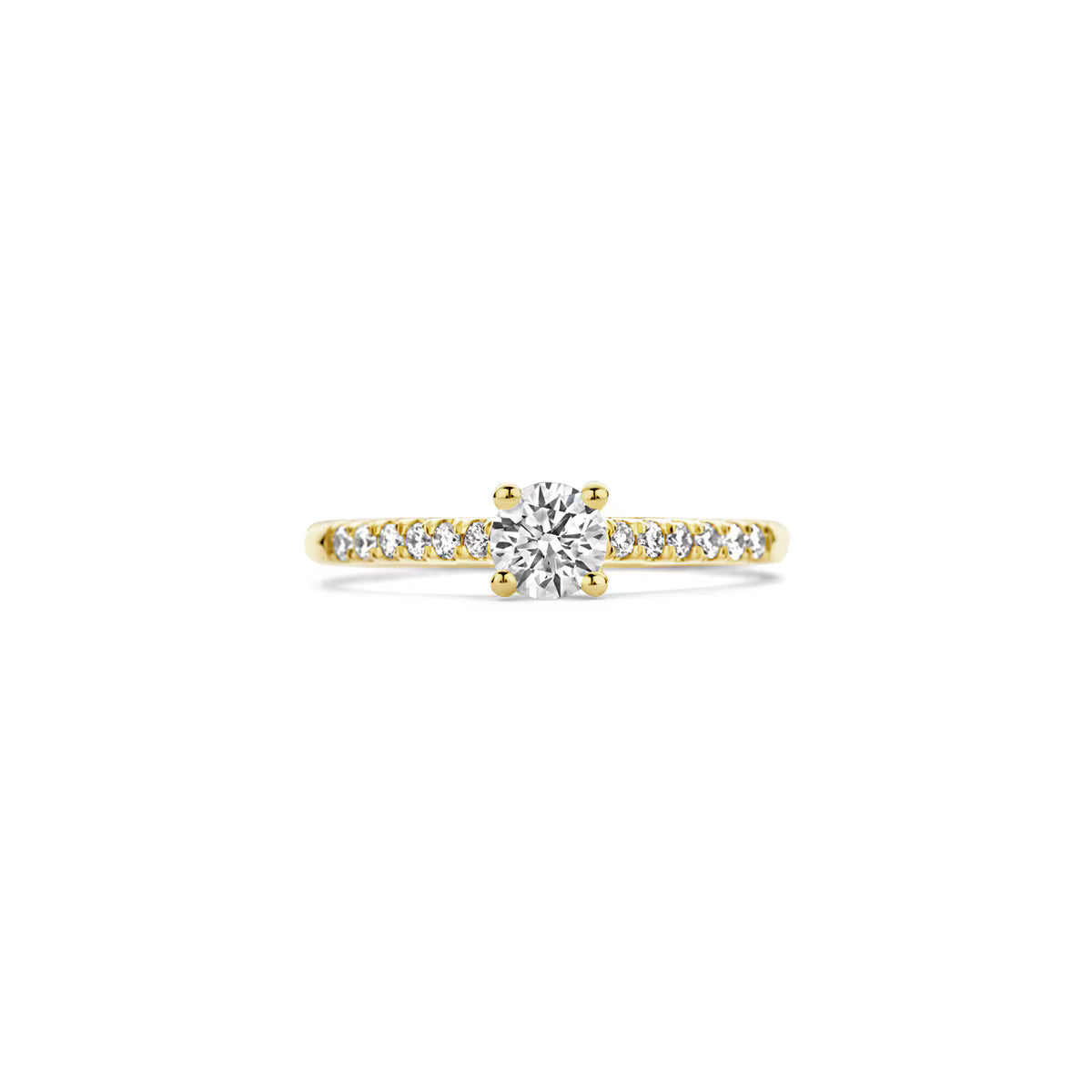 Blush ring LG1006Y i 14 kt gult guld med rund centerdiamant og to sidesten set forfra