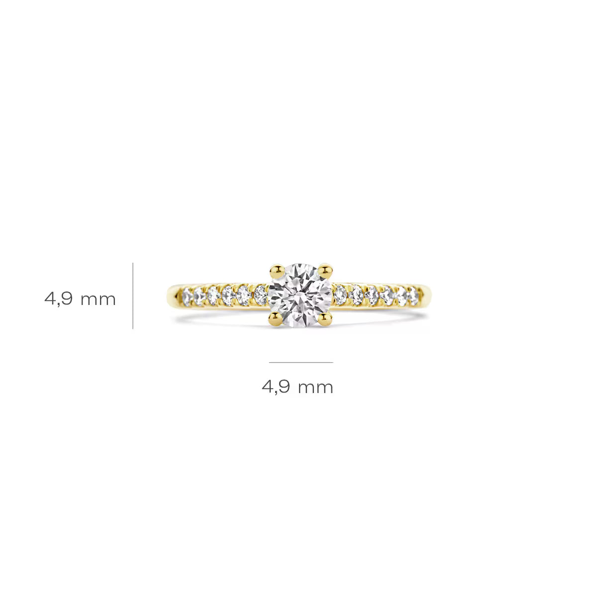 Blush ring LG1006Y set fra siden med slank ringskinne og eksklusiv tre-stens fatning - med mål
