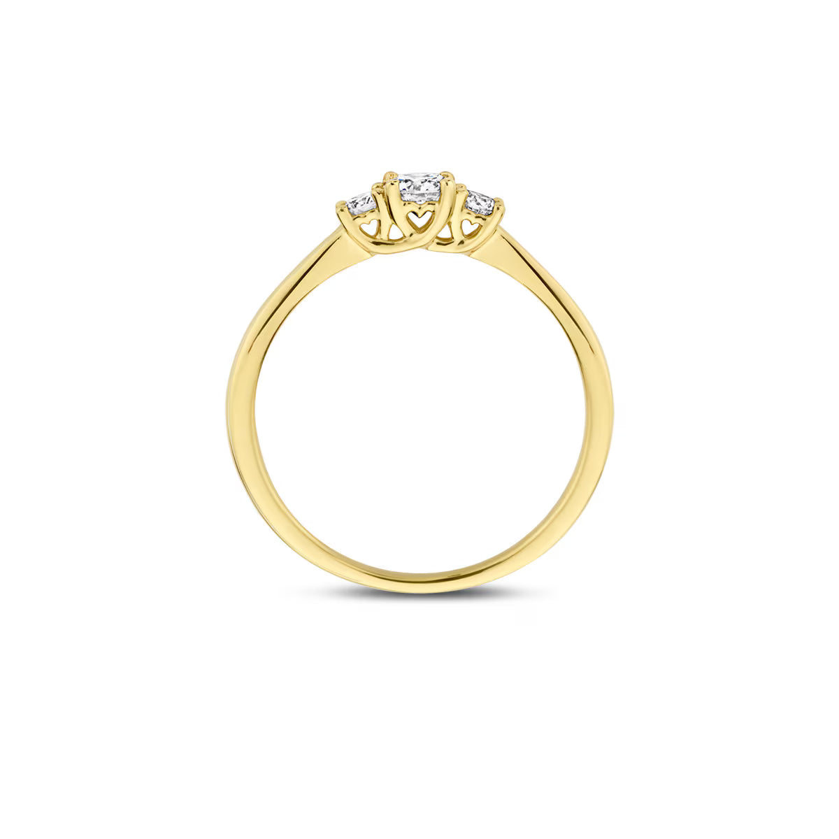 Blush ring med funklende 0,20 ct labgrown diamant flankeret af 2 x 0,06 ct i 14 kt gult guld – tidløs elegance