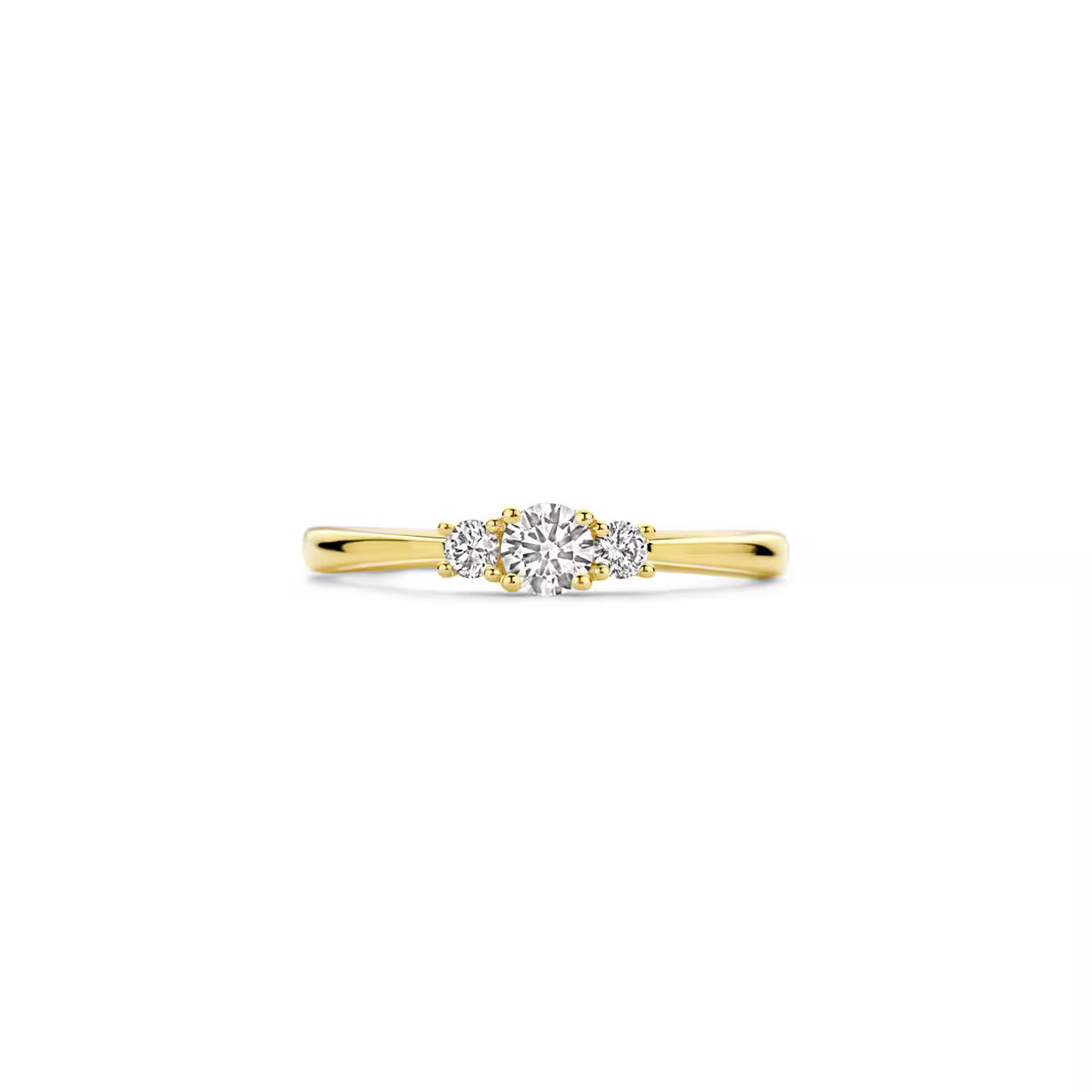 Nærbillede af Blush ring i 14 kt guld med 0,20 ct centerdiamant og 2 x 0,06 ct labgrown diamanter – sofistikeret design