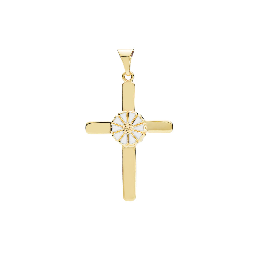 Marguerit kors 25x19mm med 1x7,5mm marg. forgyldt hvid emalje 925, i silver, til female, fra Lund Copenhagen