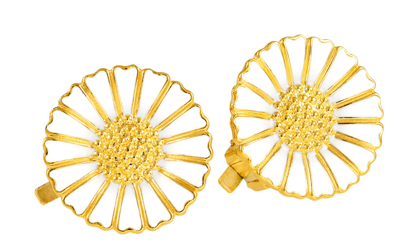 Marguerit øreclips 18mm forgyldt med hvid emalje 925, til female, fra Lund Copenhagen