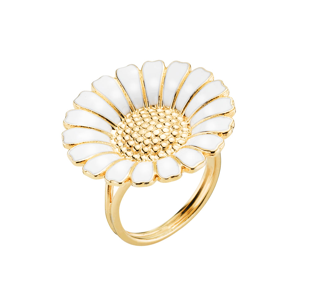 Marguerit ring 25mm forgyldt med hvid emalje 925, i silver, til female, fra Lund Copenhagen