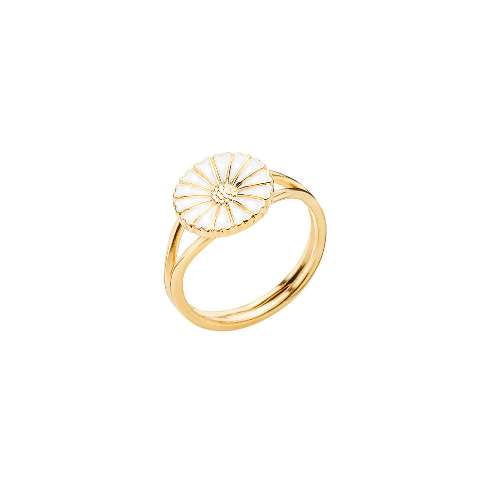 Marguerit ring forgyldt 11mm hvid emalje 925, i silver, til female, fra Lund Copenhagen