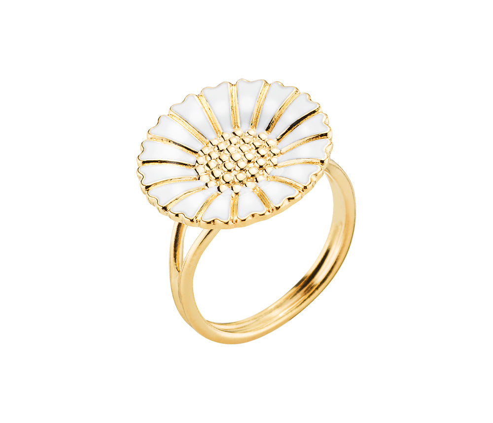 Marguerit ring forgyldt 18mm hvid emalje 925, i silver; enamel, til female, fra Lund Copenhagen