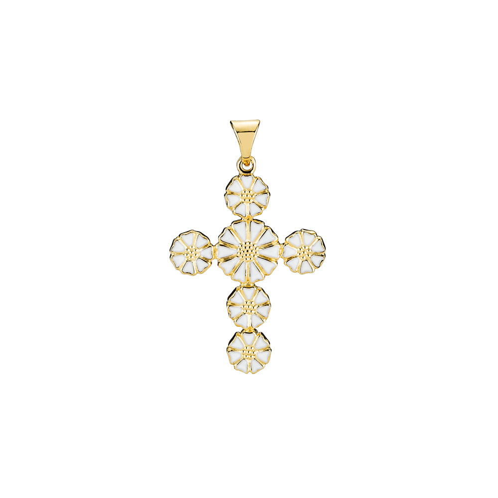 Marguerit vedhæng kors med 1x7,5mm og 5x5mm 24x19mm forgyldt hvid emalje 925, i silver, til female, fra Lund Copenhagen