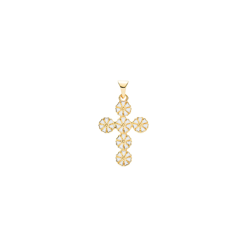 Marguerit vedhæng kors med 6x5mm 20x15mm forgyldt hvid emalje 925, i silver, til female, fra Lund Copenhagen