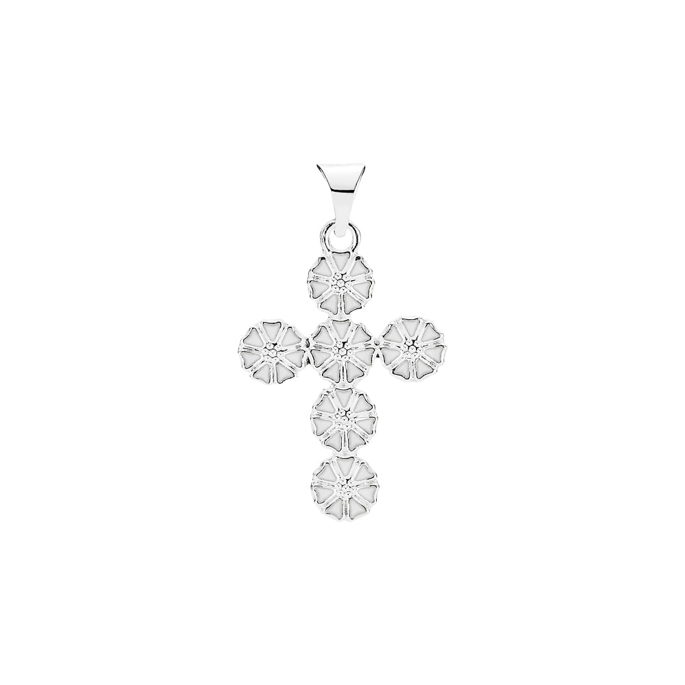 Marguerit vedhæng kors med 6x5mm 20x15mm hvid emalje 925, til female, fra Lund Copenhagen