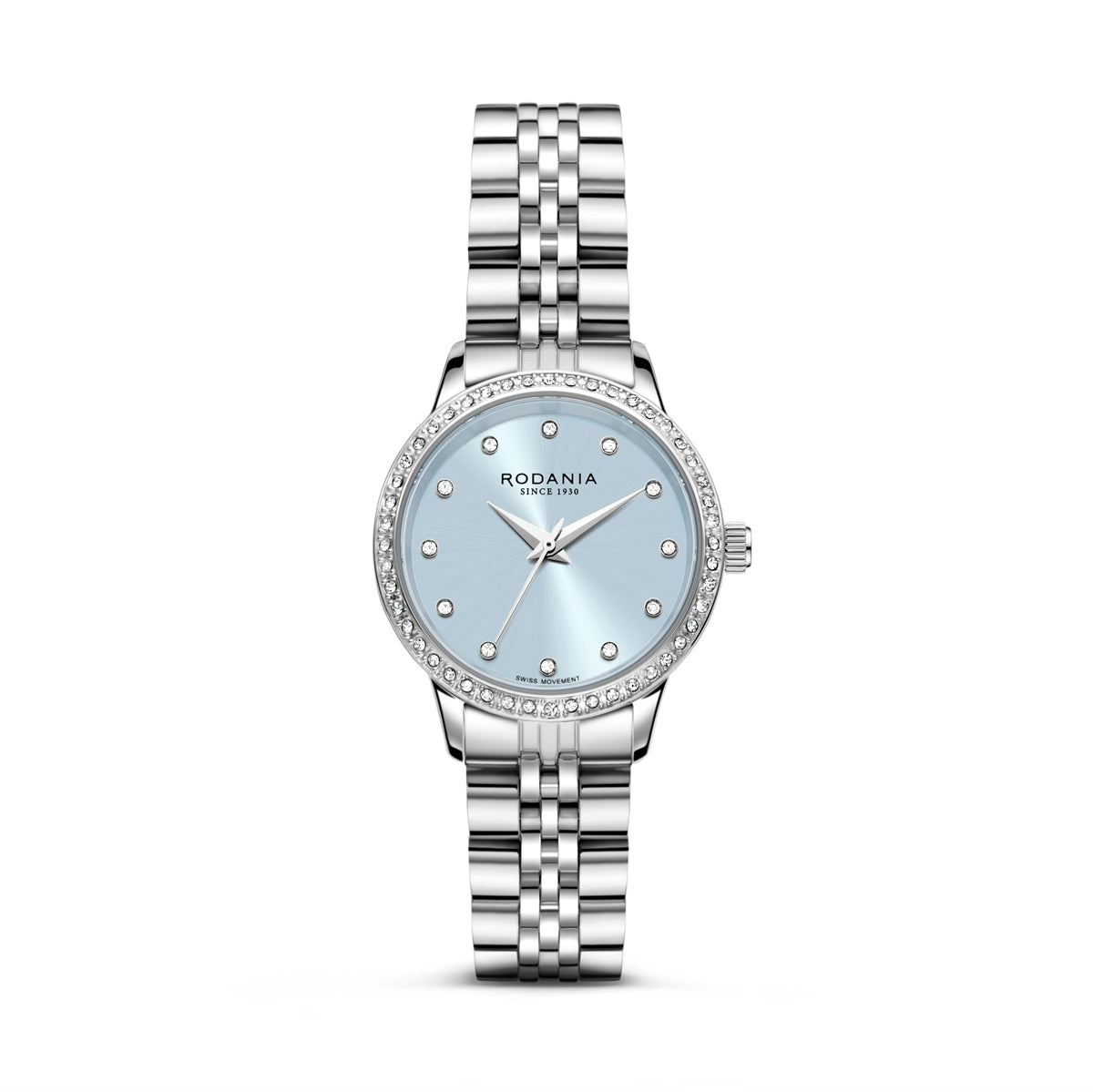 Rodania Montreux R10026 dameur med sølvfarvet stållænke, rund 30 mm urkasse, sunray urskive og safirglas.