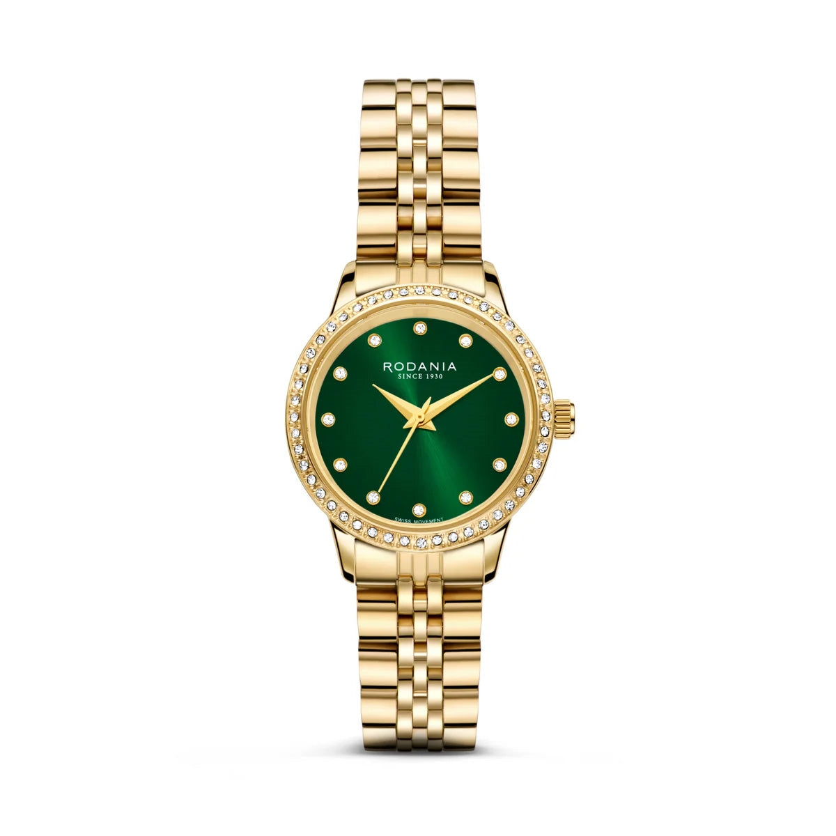 Rodania Montreux R10034 dameur med guldfarvet stållænke, rund 30 mm urkasse, perlemorsskive og safirglas.