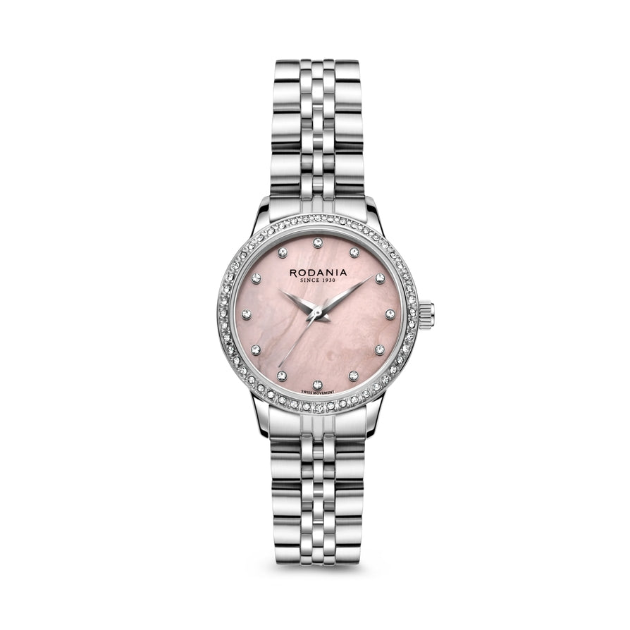 Rodania Montreux R10035 dameur med sølvfarvet stållænke, rund 30 mm urkasse, stenkrans, sunray urskive og safirglas.