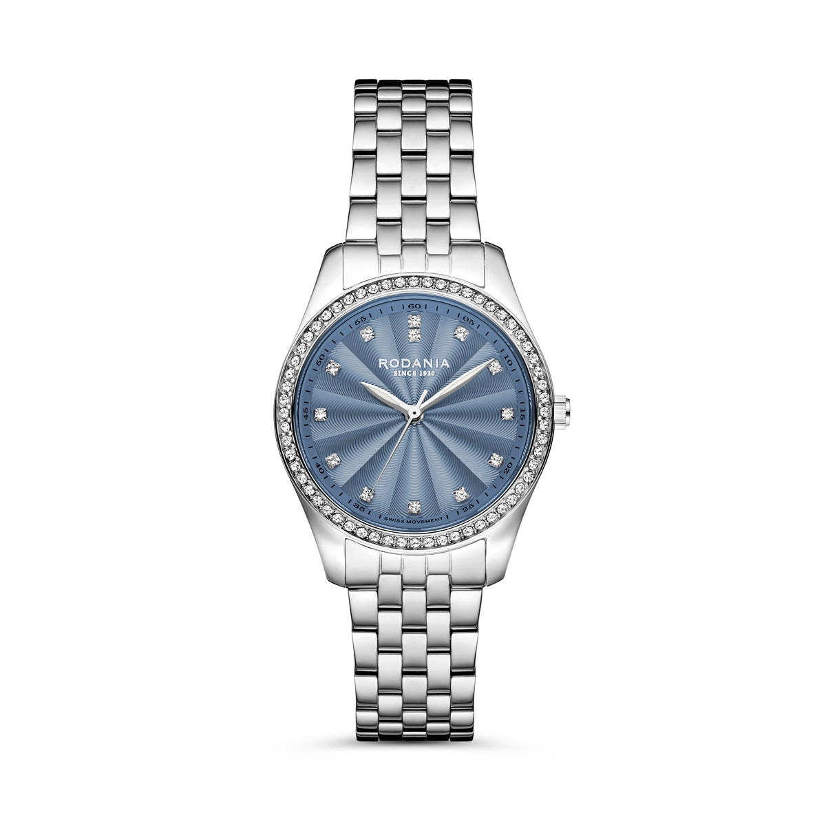 Rodania Gstaad R11041 dameur i sølvfarvet rustfrit stål med rund 32 mm sunray urskive, safirglas og elegant stållænke.