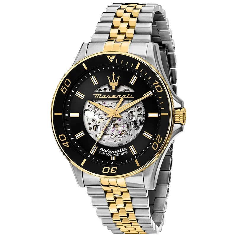 Maserati Sfida R8823140010 herreur med sort skeleton-skive og tofarvet stållænke set forfra