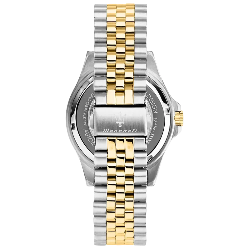 Bagside af Maserati Sfida R8823140010 med tofarvet stållænke og indgraveret Maserati-spænde