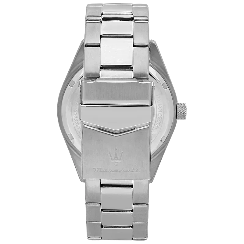 Bagside af Maserati Competizione R8853100045 med stållænke og indgraveret Maserati-spænde