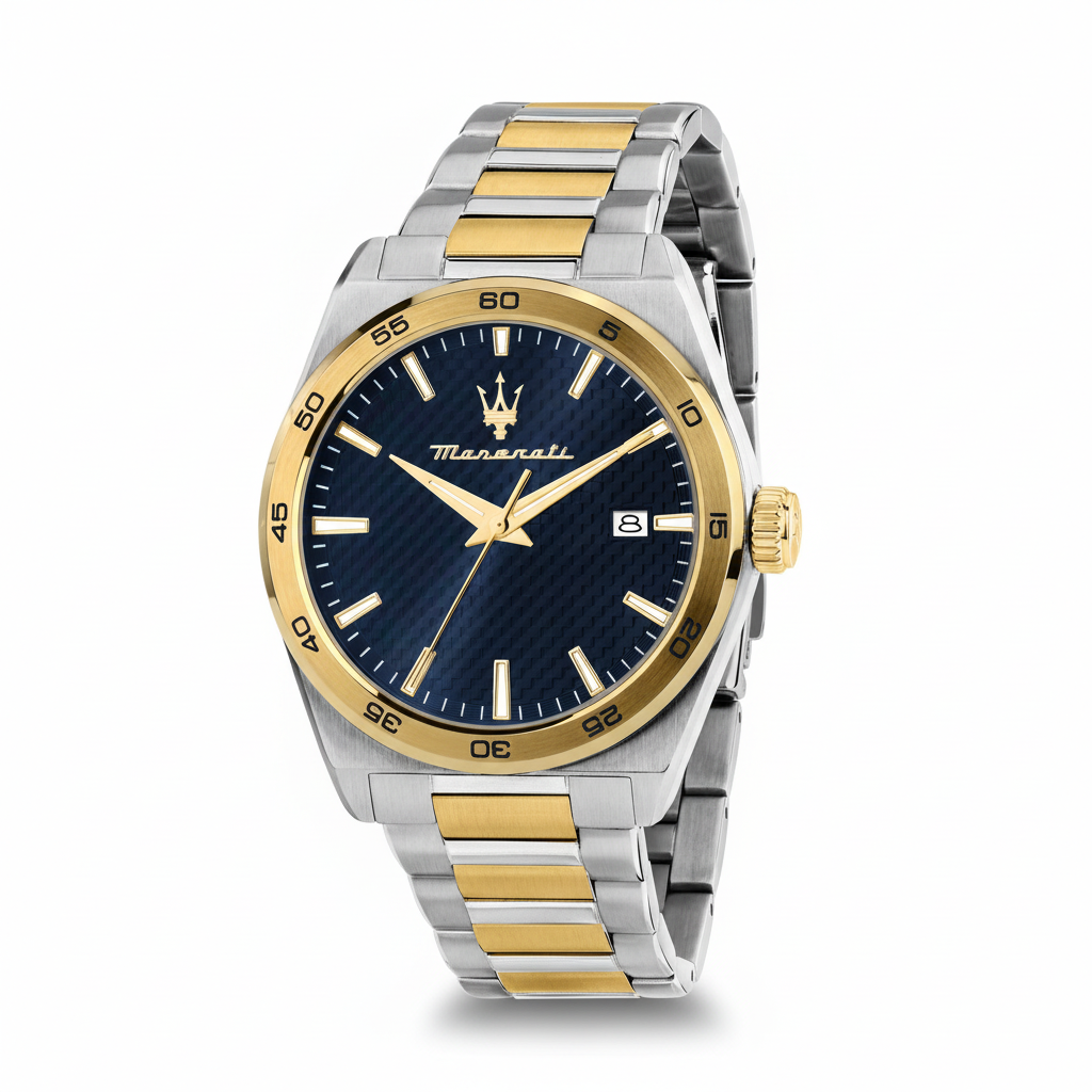 Maserati Velocità R8853152001 herreur med blå skive, tofarvet stållænke og guldfarvet lynette set forfra