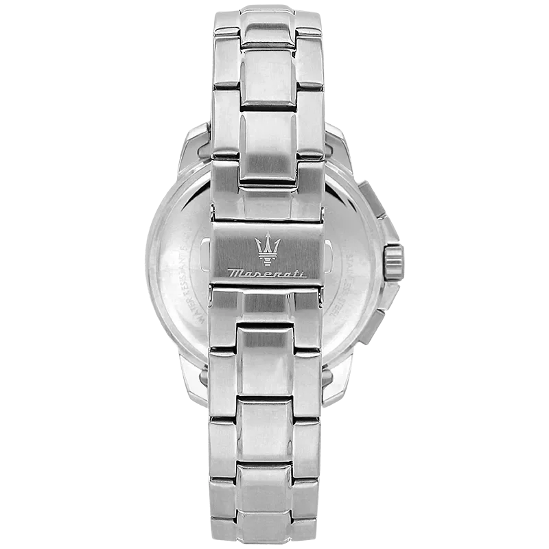 Bagside af Maserati Successo R8873621046 med stållænke og Maserati-logo på spændet