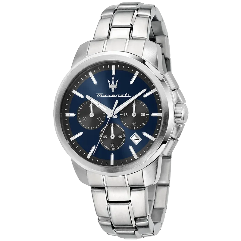 Maserati Successo R8873621051 herreur med blå skive og stållænke set forfra