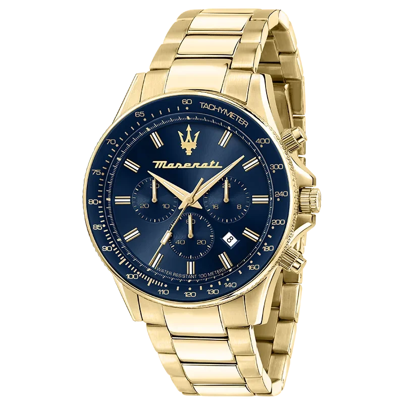 Maserati Sfida R8873640008 herreur med blå skive og guldfarvet stållænke set forfra