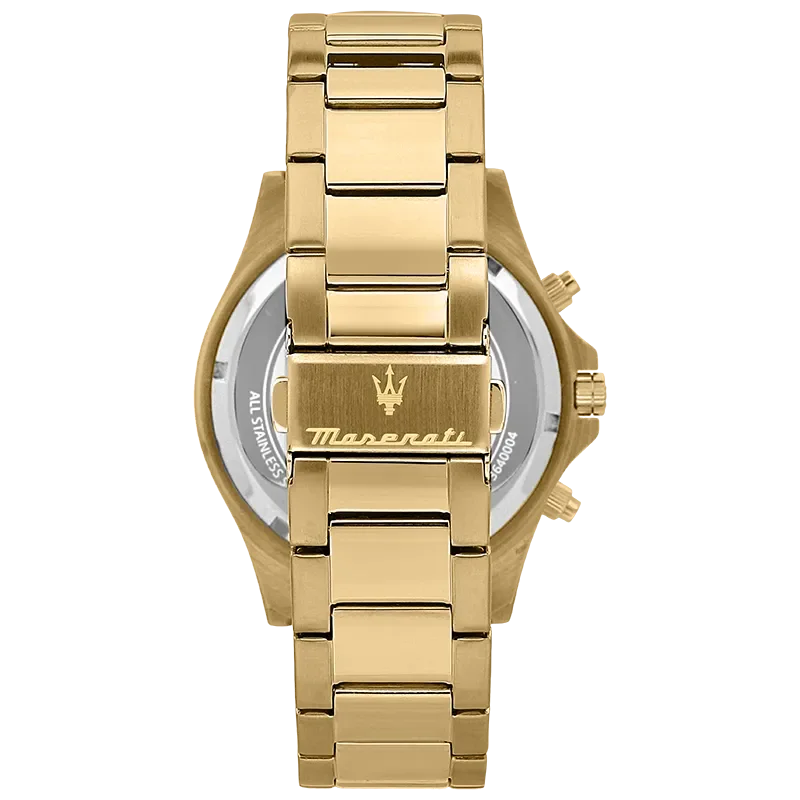 Bagside af Maserati Sfida R8873640008 med guldfarvet stållænke og Maserati-logo på spændet