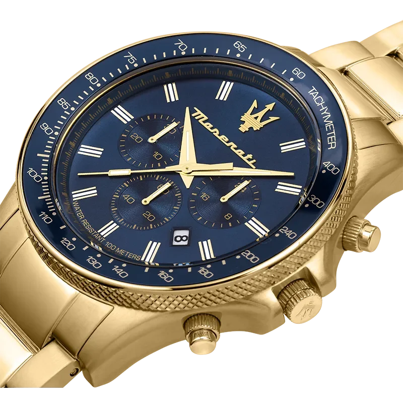 Nærbillede af Maserati Sfida R8873640008 med blå skive, datovisning og guldfarvede detaljer