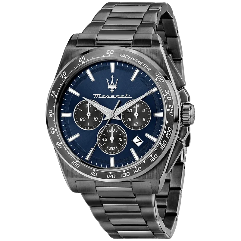 Maserati Velocità R8873652015 herreur med blå skive og mørk stållænke set forfra